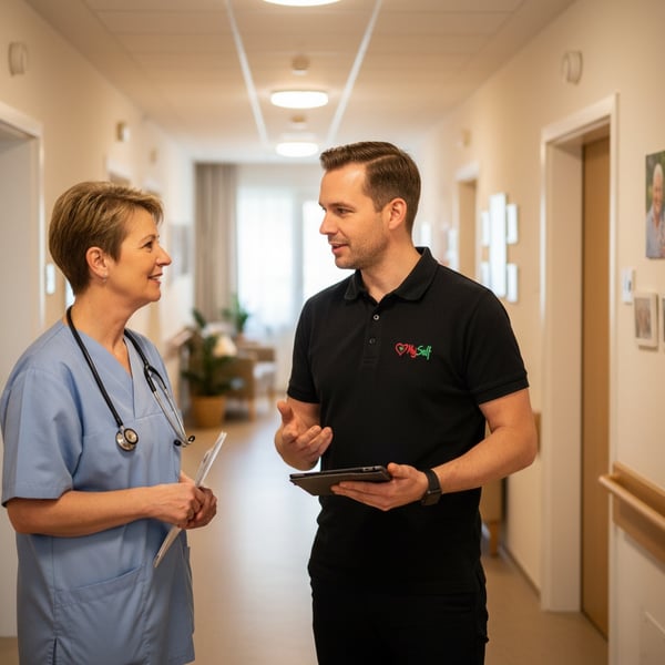 Pflegekraft mit Bewohnern im Pflegeheim