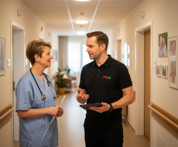 Pflegekraft mit Bewohnern im Pflegeheim